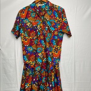 Retro 70s vintage vibrant two piece skirt and shirt set